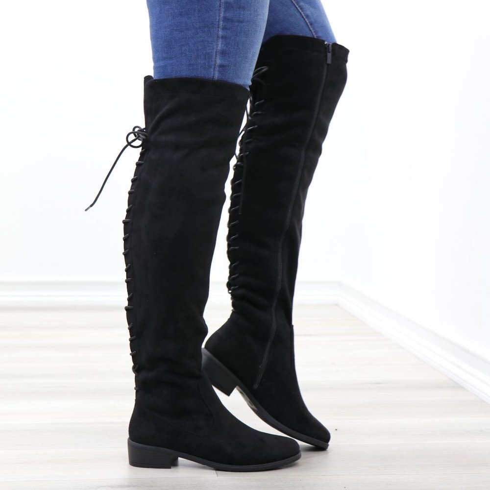 Low Heel Faux Suede Black Thigh High Boots - Picture 5 of 14